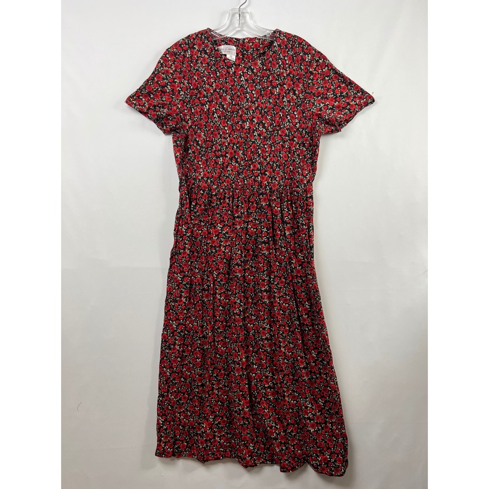 Betsy Lauren Maxi Dress Women 12P Red Floral 90's Short Sleeve Tie Back Vintage